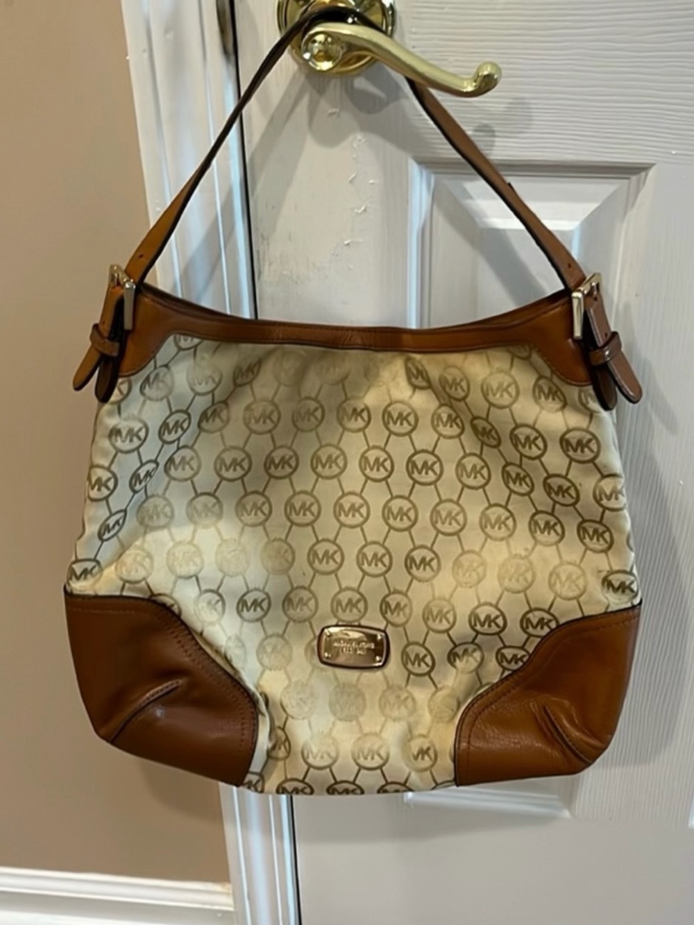 Michael Kors Cream and Brown Logo Hobo Shoulder Bag